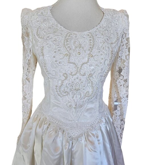Jessica Mcclintock 90s White Wedding Dress Lace Embellished Long Sleeve Size 7/8 - Picture 5 of 16